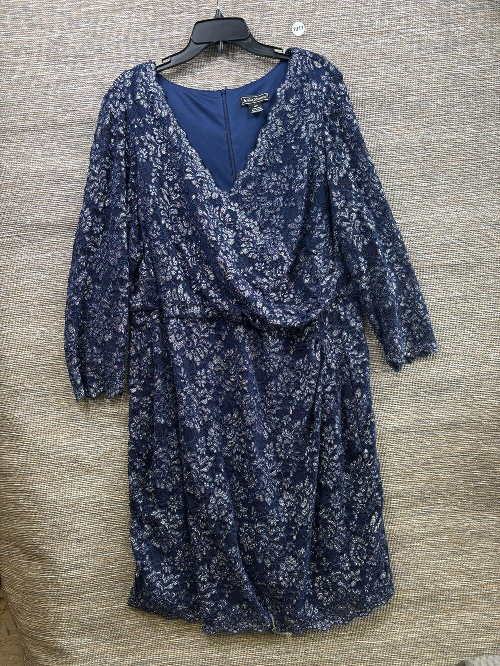 Jessica Howard Dress Womens 22W Blue Glitter Lace Sheath Long Sleeve Cocktail
